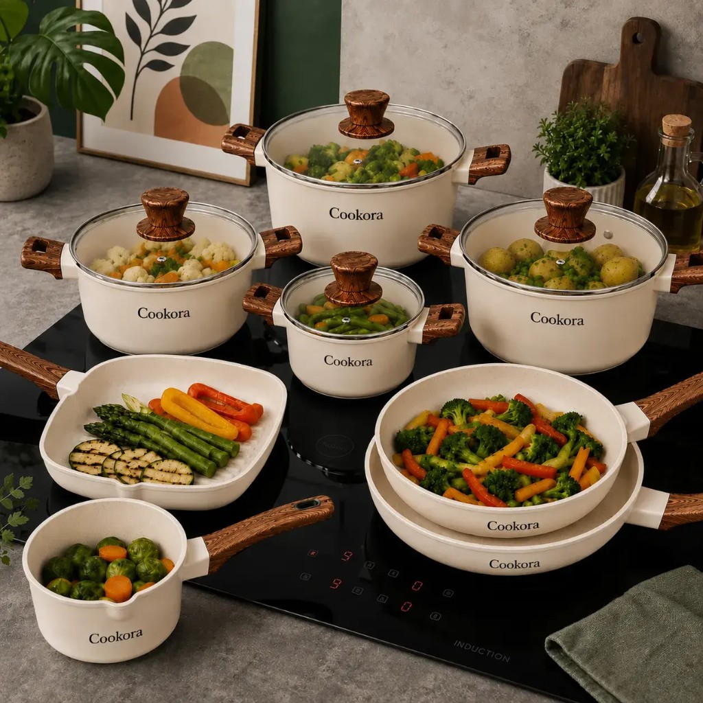 Cookora cookware on induction hob with fresh vegetables