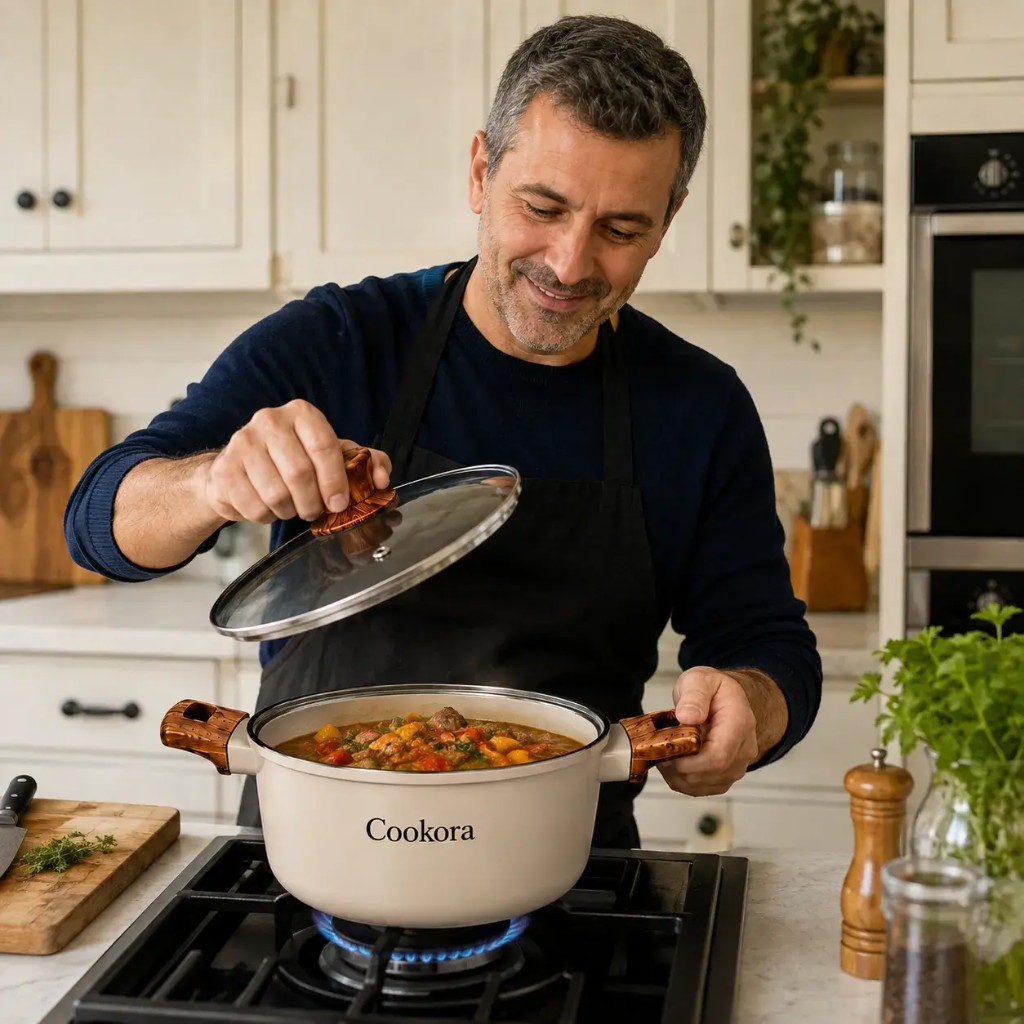 Man cooking at home with Cookora cream stone cookware