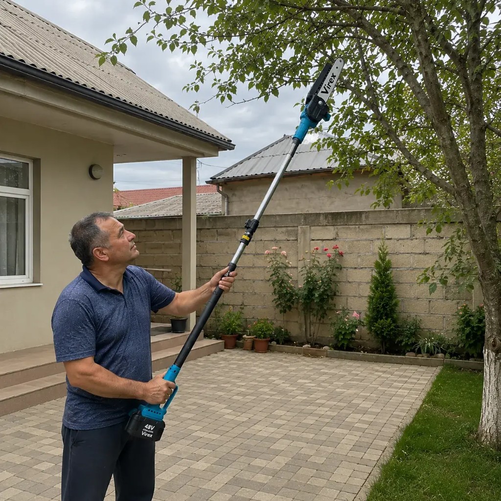 Virex 48V cordless telescopic pole saw in use