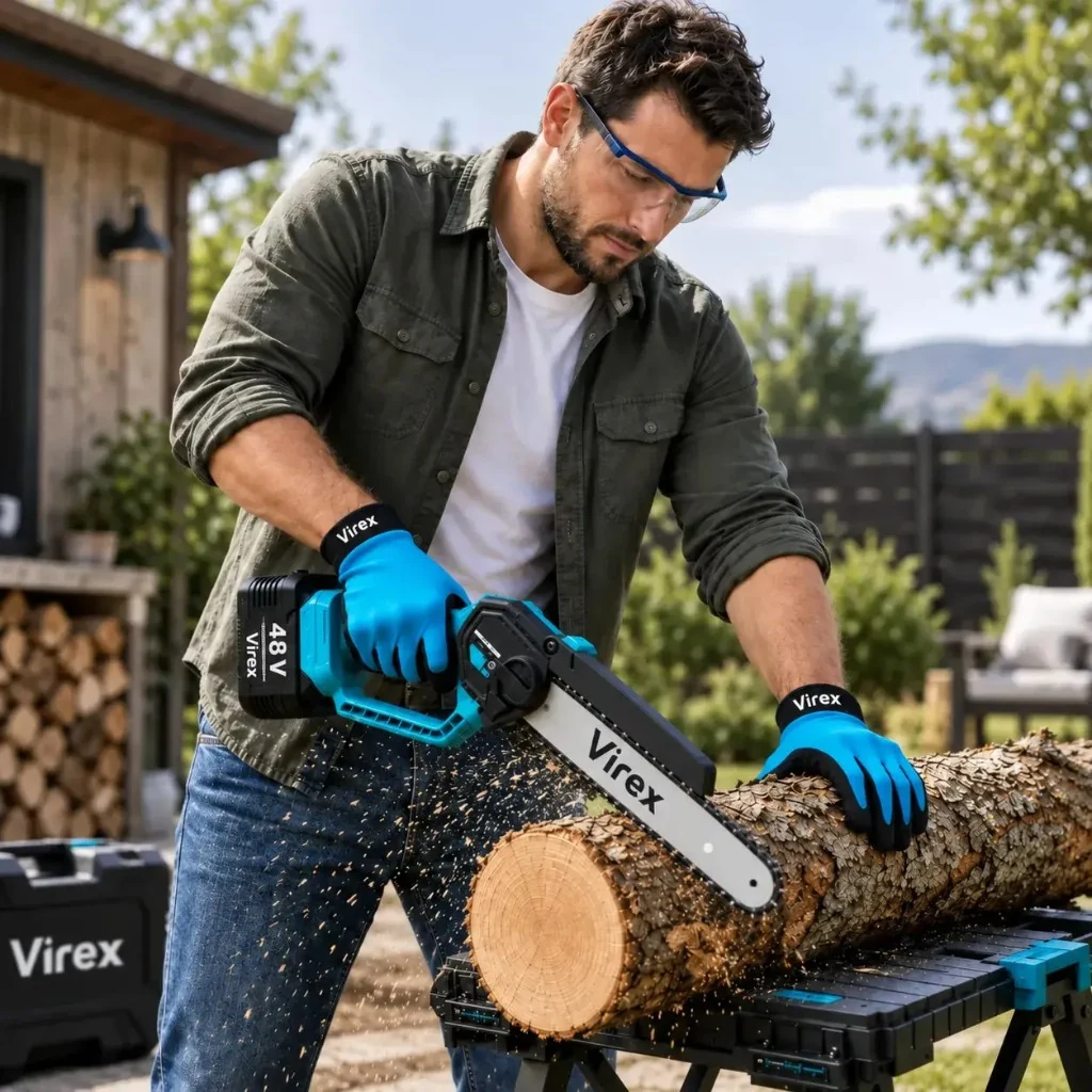 Virex handheld mini chainsaw cutting a log