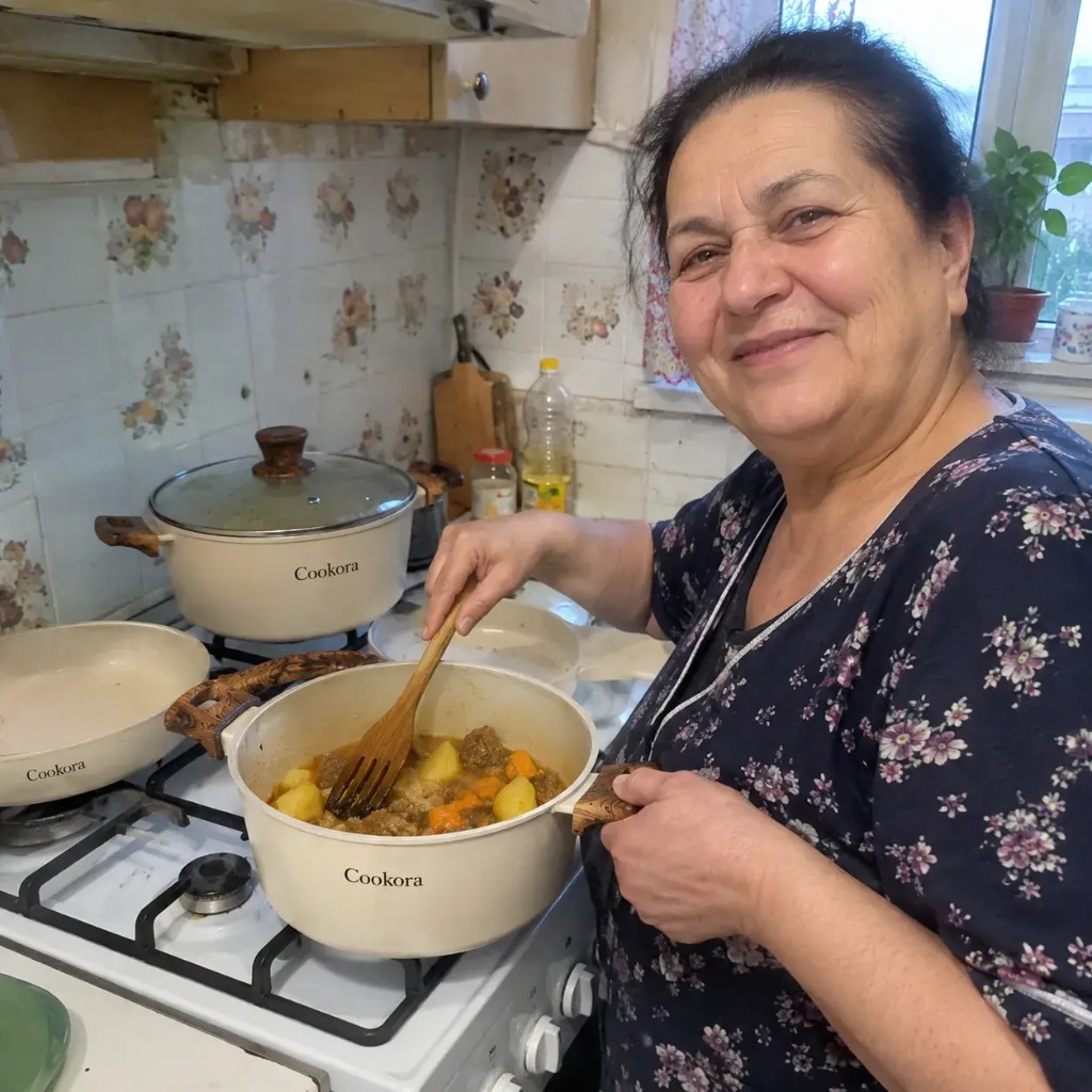 Cookora customer cooking with the cream stone cookware set at home